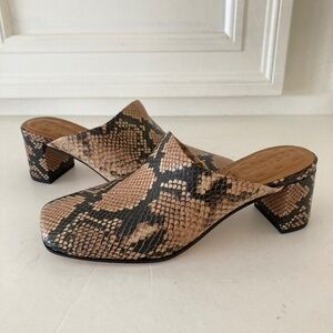 NWOT Sarto Anthropologie Xenia Snake Skin Brown Leather Heeled Mules Sz 7